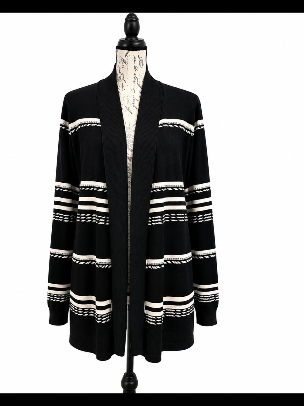 Sienna & Sage Black & Ivory Striped Open Front Cardigan – Women's XL